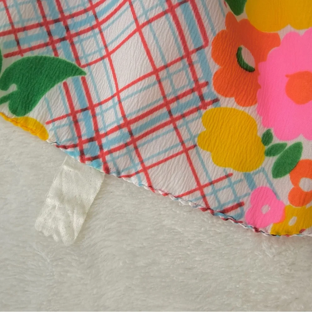 Vintage Rectangular Neck Scarf Bright Floral Grid Plaid Pink Yellow Orange